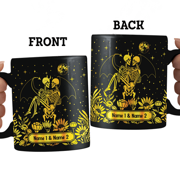 Lotusprinthandmade Personalized Halloween Skeleton Couple Black Ceramic Mug (11oz) (Made In US), skeleton couple coffee mug, halloween skeleton mug