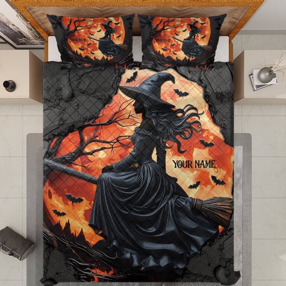 Lotusprinthandmade Personalized Haloween Witch Quilt Bedding Set (Fold Hem) 5 Sizes (Made in Vietnam) (80x90), Witch Lovers Quilt Bedding Set