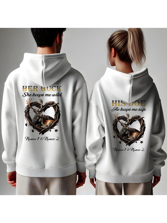 Personalized He Keeps Me Safe She Keeps Me Wild Deer Couple White Hoodie 2D (M), custom deer couple hoodie set