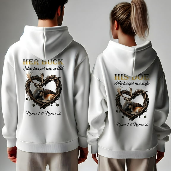 Lotusprinthandmade Personalized He Keeps Me Safe She Keeps Me Wild Deer Couple White Hoodie 2D (XL), custom deer couple hoodie set