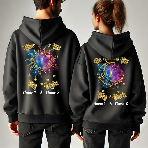 Lotusprinthandmade Personalized He Loves All My Dark/ She Sees All My Light Couple Black Hoodie 2D (S), custom couple hoodies