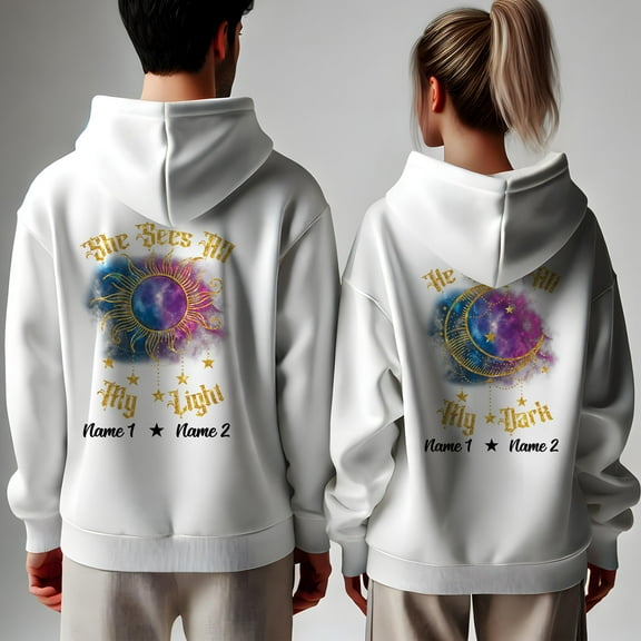 Lotusprinthandmade Personalized He Loves All My Dark/ She Sees All My Light Couple White Hoodie 2D (XL), custom couple hoodies