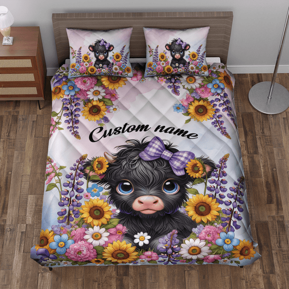 Lotusprinthandmade Personalized Highland Cow And Flower Quilt Bedding Set (Fold Hem) 5 Sizes (Made in Vietnam) (60x70), Custom Highland Cow Quilt, Floral Cow Bedding Set