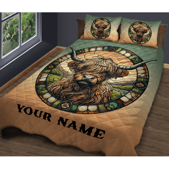 Lotusprinthandmade Personalized Highland Cow Quilt Bedding Set (White Binding) 5 Sizes (Made in Vietnam) (55x60), highland cow name print quilt set, highland cow quilt bed set
