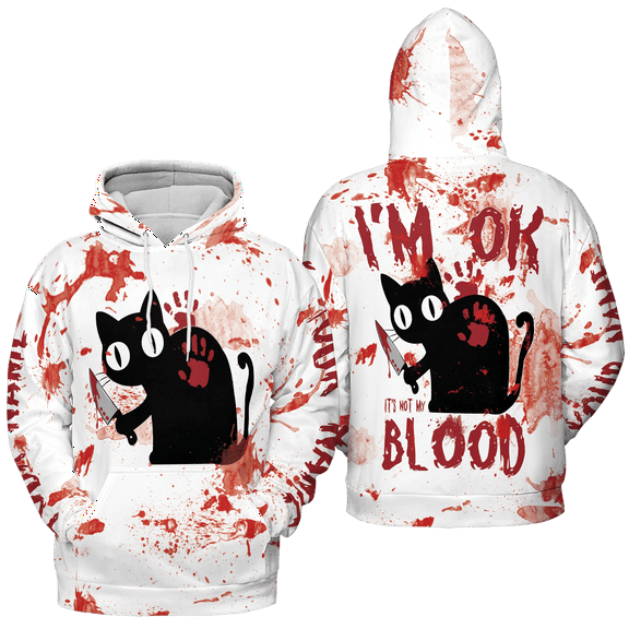 Lotusprinthandmade Personalized Horror Cat I am Ok It's Not My Blood Halloween Hoodie 3D (Lightweight) S-5XL Multicolor (M)