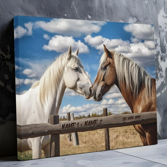 Lotusprinthandmade Personalized Horse Couple Canvas 1.5in 24" x 16", Romantic Horse-Themed Wall Art, Custom Horse Lovers Print