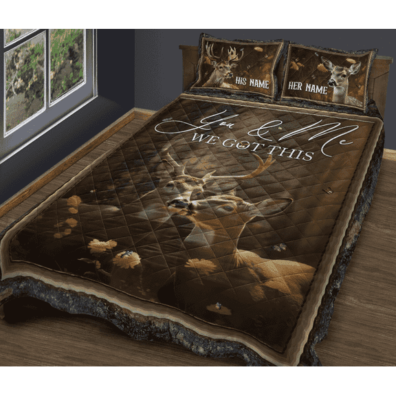 Lotusprinthandmade Personalized Hunting Deer Couple Quilt Bedding Set Fold Hem