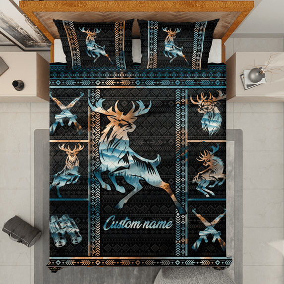 Lotusprinthandmade Personalized Hunting Hunter Gray Pattern Quilt Bedding Set (White Binding) 5 Sizes (Made in Vietnam) (55x60), Deer Theme Quilt Bedding Set, Personalized Deer Duvet Cover