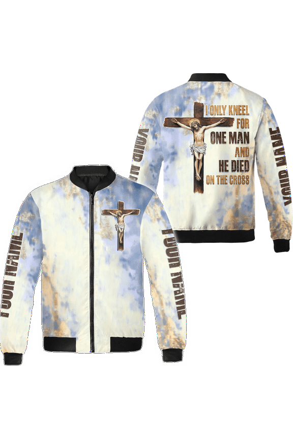 Personalized Jesus Christian I Only Kneel For One Man Bomber Jacket S-5XL Multicolor (L), custom name christian bomber jacket, faith-based bomber with jesus quote