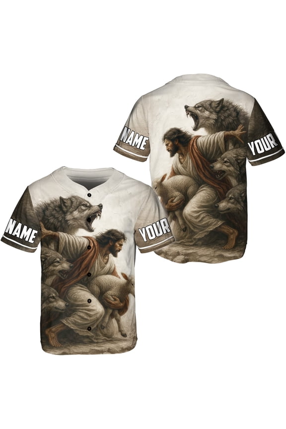 Personalized Jesus and Lamb Wolf Christian Baseball Jersey XS-5XL Multicolor (4XL), custom name faith-based jersey, jesus lamb and wolf design jersey