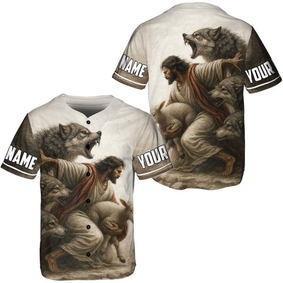 Lotusprinthandmade Personalized Jesus and Lamb Wolf Christian Baseball Jersey XS-5XL Multicolor (XS), custom name faith-based jersey, jesus lamb and wolf design jersey
