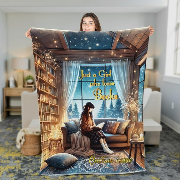 Lotusprinthandmade Personalized Just A Girl Who Loves Books Fleece Blanket 2 Sizes (Made in US) (80"x60"), Custom Book Lover Cozy Throw