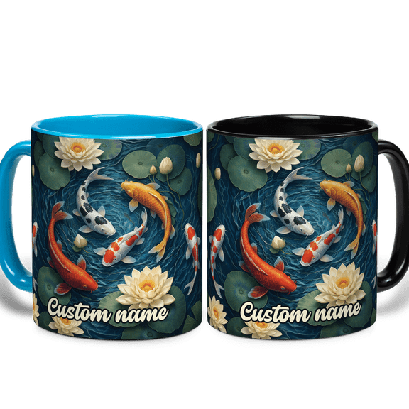 Lotusprinthandmade Personalized Koi Fish Accent Mug 15oz, Black
