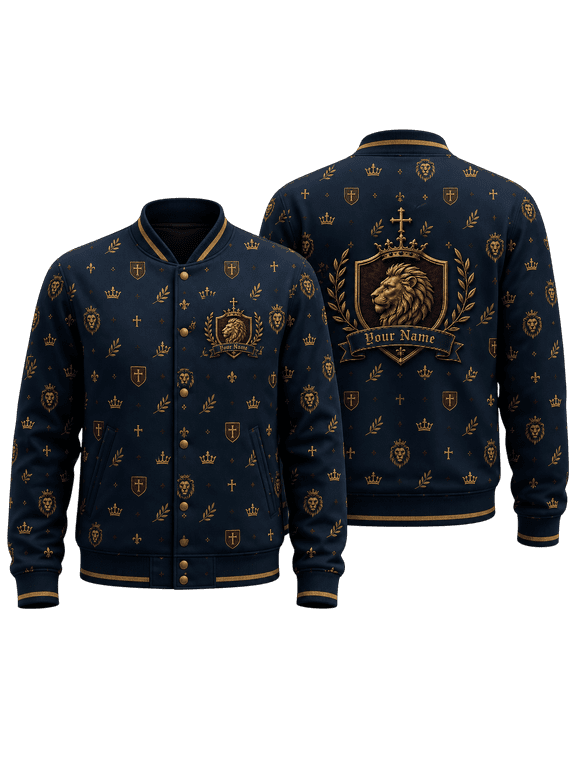 Personalized Lion Faith Bomber Jacket, Crown Cross Heraldic Lion Graphic Jacket