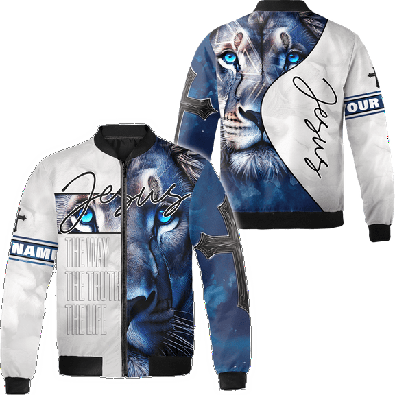 Lotusprinthandmade Personalized Lion and Jesus Bomber Jacket S-5XL Multicolor (5XL), custom lion jacket, jesus christian bomber jacket, faith based bomber jacket
