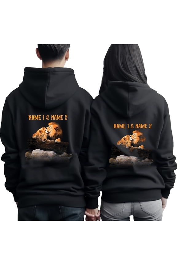 Personalized Lion Matching Couple Couple Black Hoodie 2D S-5XL 50/50 Cotton/Polyester Mix (5XL), matching lion hoodies for couples, lion hoodie set, custom name lion couple hoodie