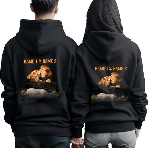 Lotusprinthandmade Personalized Lion Matching Couple Couple Black Hoodie 2D S-5XL 50/50 Cotton/Polyester Mix (S), matching lion hoodies for couples, lion hoodie set, custom name lion couple hoodie