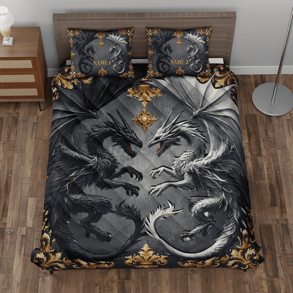 Lotusprinthandmade Personalized Love Dragon Couple Quilt Bedding Set (Fold Hem) 5 Sizes (Made in Vietnam) (55x60), Romantic Dragon-Themed Quilt Bed Set