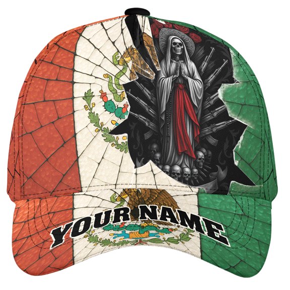 Lotusprinthandmade Personalized Mexican Flag Santa Muerte Classic Baseball Cap One Size Multicolor, Patriotic Mexico Flag Skull Graphic Baseball Cap