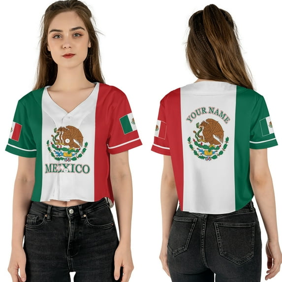 Lotusprinthandmade Personalized Mexico Crop Top Baseball Jersey for Women XS-XL Multicolor
