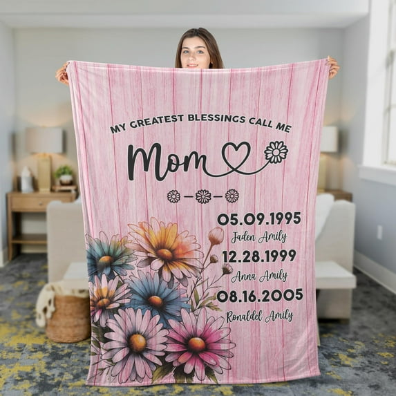 Lotusprinthandmade Personalized My Greatest Blessings Call Me Mom Mother's Day Fleece Blanket 2 Sizes (Made in US)