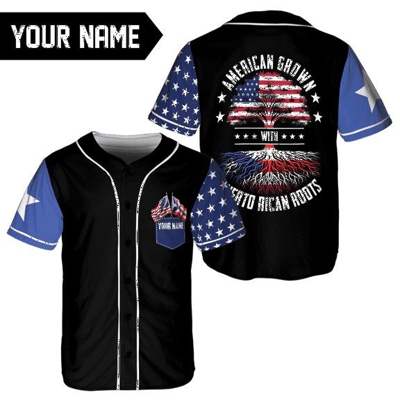 Lotusprinthandmade Personalized Name America Citizen Grown with Puerto Rican Roots Baseball Jersey XS-5XL Multicolor