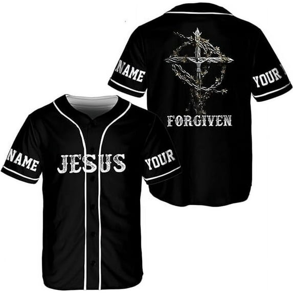 Lotusprinthandmade Personalized Name Christian Jesus Forgiven Unisex Baseball Jersey XS-5XL Multicolor