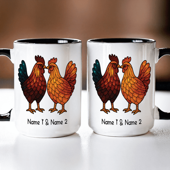 Lotusprinthandmade Personalized Name Couple Chicken Dark Blue Accent Mug (11oz) (Made In US), personalized couple chicken mug, custom name chicken lovers mug