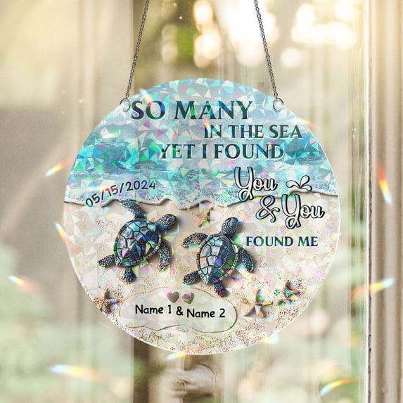 Lotusprinthandmade Personalized Name and Date Turtle Couple Custom Shape Broken Glass Hologram Ornament 4in, valentines day turtle couple hologram ornament