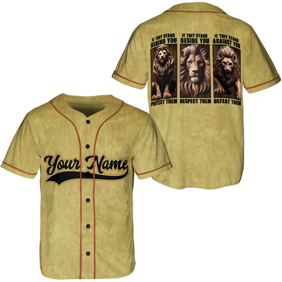 Lotusprinthandmade Personalized Name Lion If They Stand Behind You Protect Them Respect Them Defeat Them Baseball Jersey XS-5XL, Lion Baseball Jersey Shirt, Lion Jersey for Men
