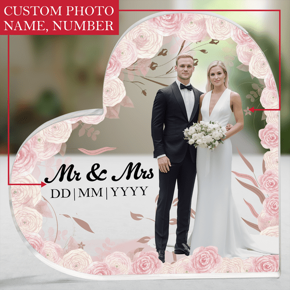Lotusprinthandmade Personalized Name Number Wedding Photo Acrylic Plaque (without stand) 3 Sizes 0.6 In. Thickness in Heart Shape