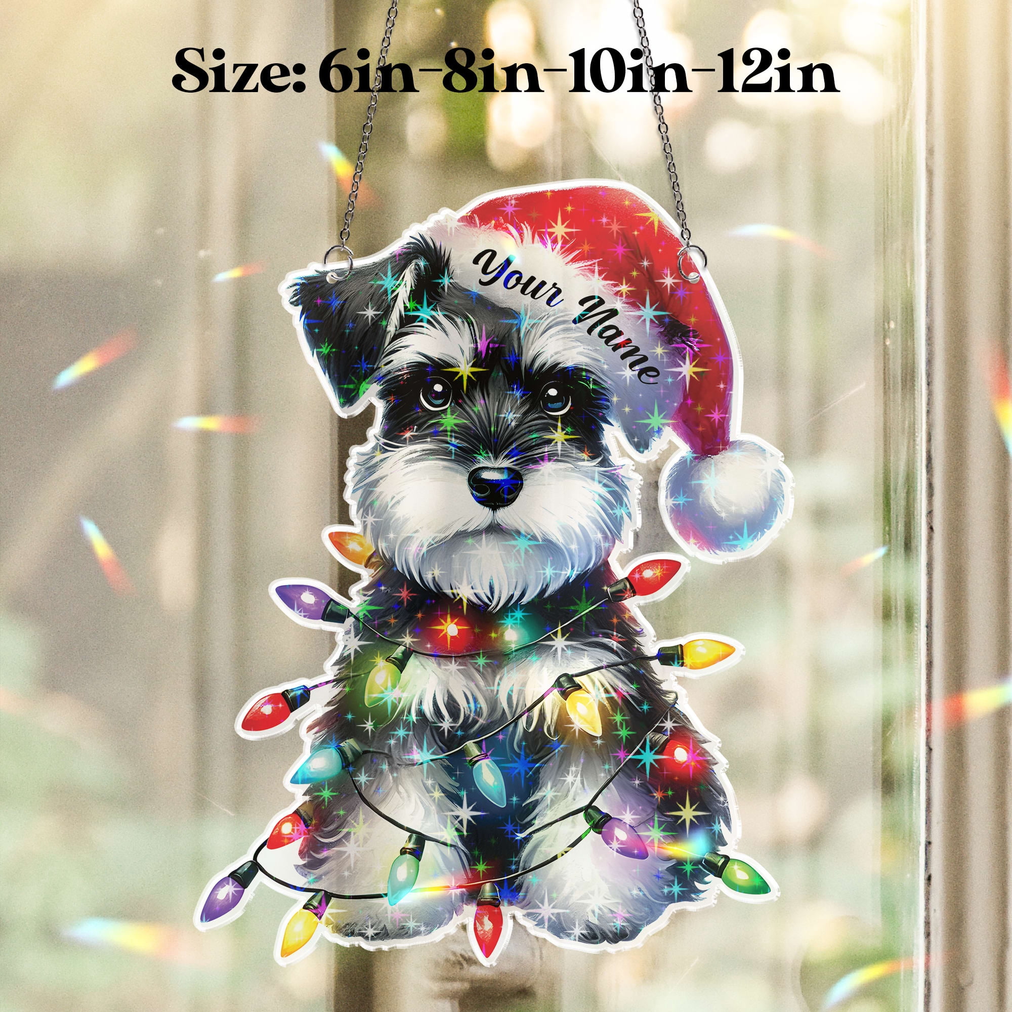 Lotusprinthandmade Personalized Name Schnauzer Dog with Christmas Light Custom Shape Star Hologram Ornament 10in, schnauzer christmas decor ornament