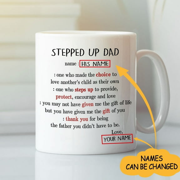Lotusprinthandmade Personalized Name Stepped Up Dad White Ceramic Mug (11oz) (Made In US)