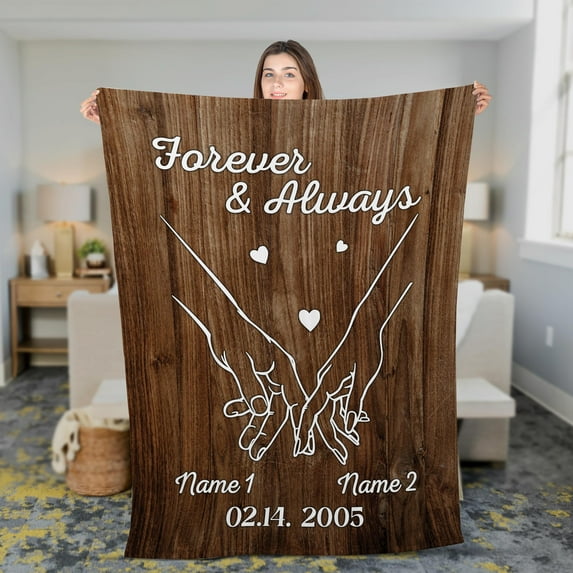 Lotusprinthandmade Personalized Name & Year Couples Holding Hands Fleece Blanket 2 Sizes (Made in US)