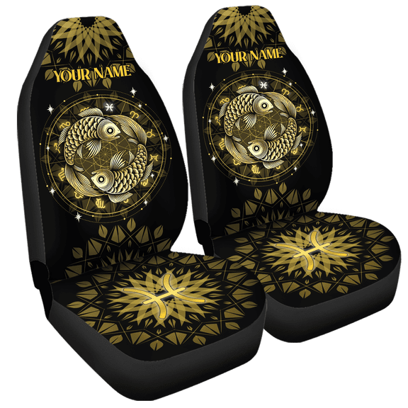 Lotusprinthandmade Personalized Name Zodiac Sign In Gold Front Car Seat Cover One Size Universal fit