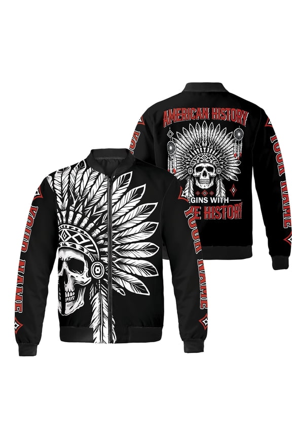 Personalized Native America Skull All-over Print Bomber Jacket S-5XL Multicolor (4XL), custom name native skull bomber coat, skull graphic zip jacket