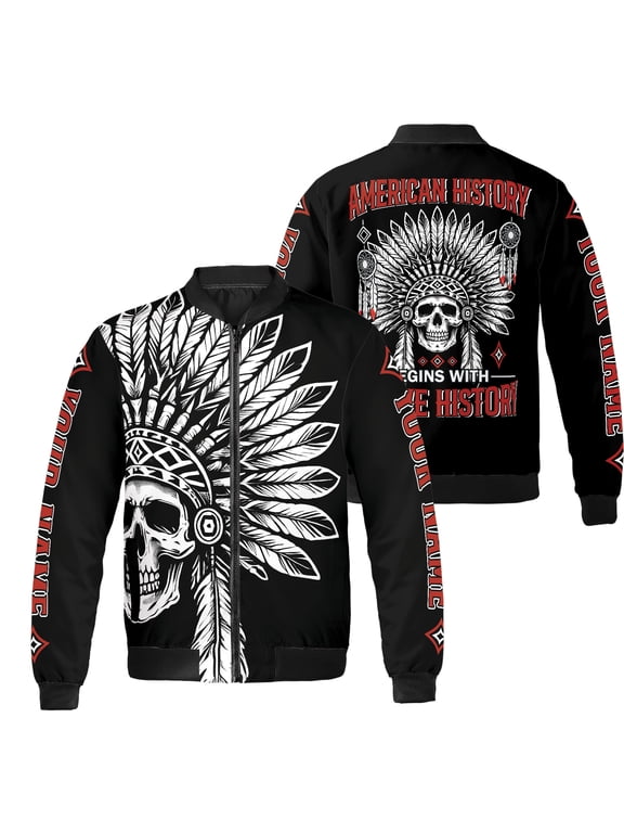 Personalized Native America Skull All-over Print Bomber Jacket S-5XL Multicolor (L), custom name native skull bomber coat, skull graphic zip jacket