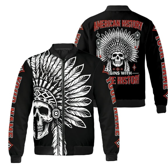 Lotusprinthandmade Personalized Native America Skull All-over Print Bomber Jacket S-5XL Multicolor (XL), custom name native skull bomber coat, skull graphic zip jacket
