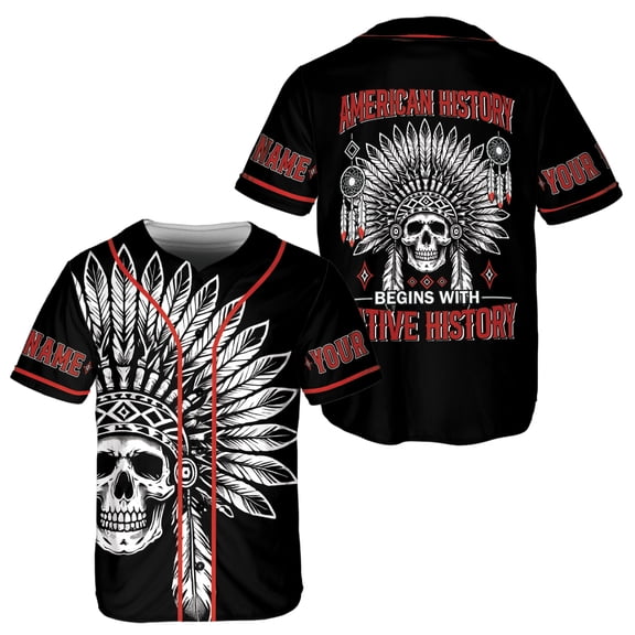 Lotusprinthandmade Personalized Native America Skull Baseball Jersey XS-5XL Multicolor (5XL), custom name native america skeleton jersey, skull native america baseball shirt