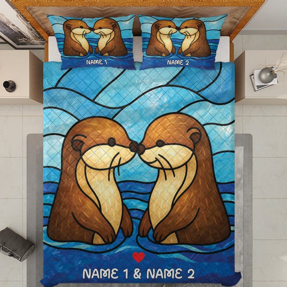Lotusprinthandmade Personalized Otter Couple Quilt Bedding Set (White Binding) 5 Sizes (Made in Vietnam) (80x90), Otter Couple Art Quilt Bedding