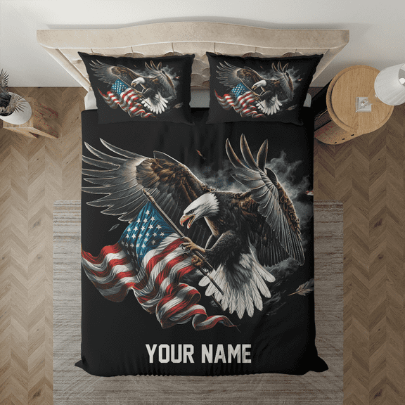 Lotusprinthandmade Personalized Patriotic America Flag Eagle Bedding Set, Multicolor, 104x88