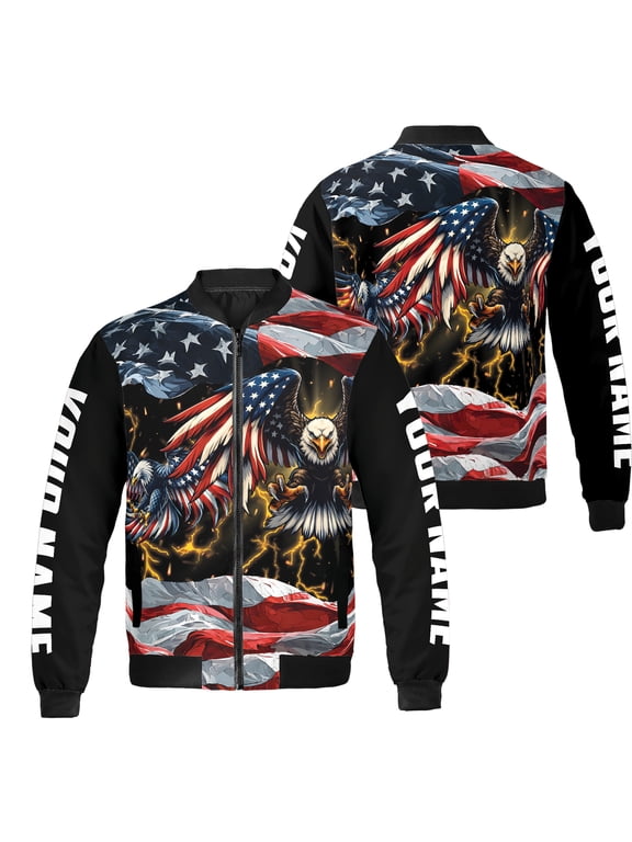 Personalized Patriotic America Flag Eagle Bomber Jacket S-5XL Multicolor (2XL), custom name eagle us flag bomber, america eagle bomber jacket
