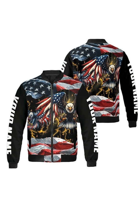 Personalized Patriotic America Flag Eagle Bomber Jacket S-5XL Multicolor (5XL), custom name eagle us flag bomber, america eagle bomber jacket