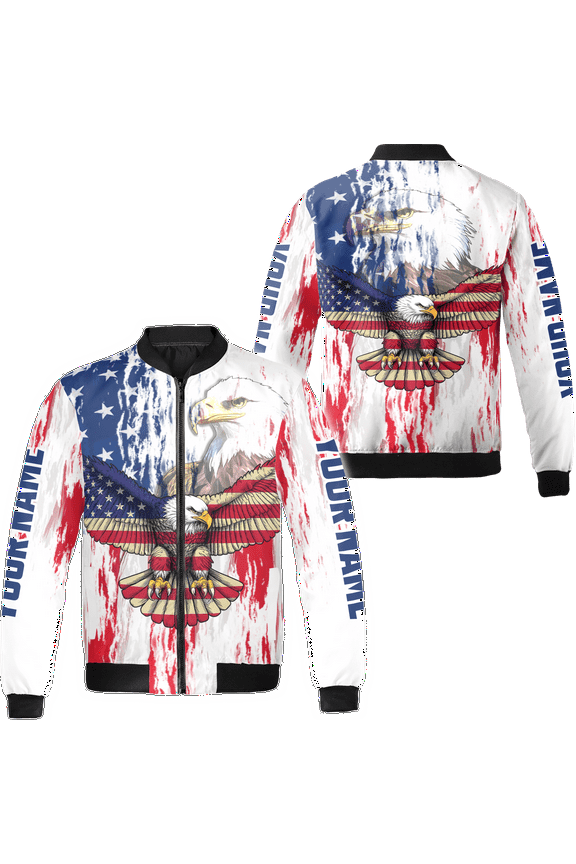 Personalized Patriotic US Flag Eagle Bomber Jacket S-5XL Multicolor (S), eagle with us flag bomber, eagle patriotic outerwear, us eagle bomber jacket