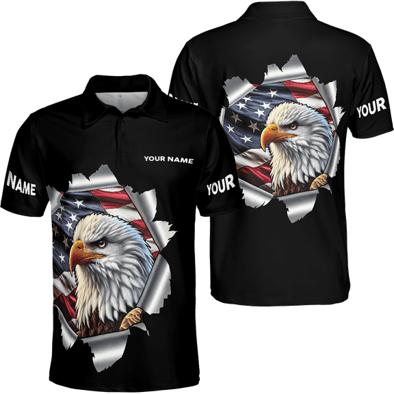 Lotusprinthandmade Personalized Patriotic US Flag Eagle Men Polo Shirt (Lightweight) S-5XL Multicolor (S), us eagle polo shirt for men, eagle with us flag polo