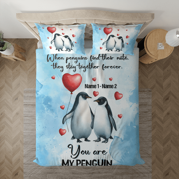 Lotusprinthandmade Personalized Penguin Couple Bedding Set (Made in Vietnam) (104x88), Cozy And Stylish Love-Inspired Comforter