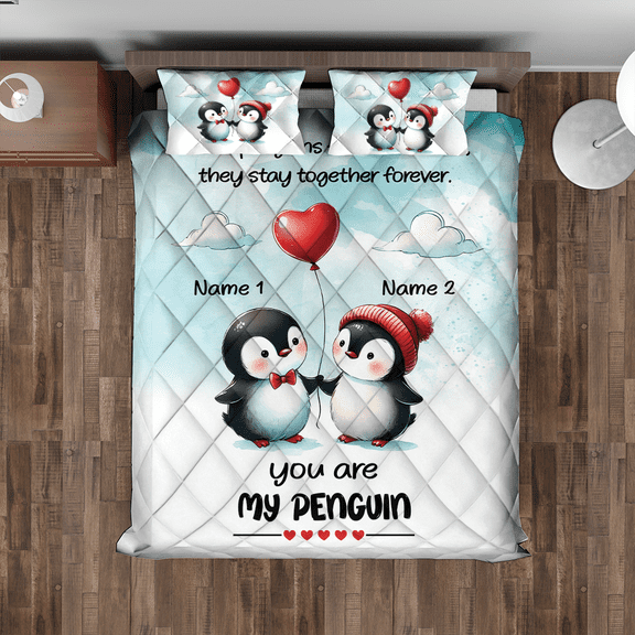Lotusprinthandmade Personalized Penguin Couple Quilt Bedding Set (Fold Hem) 5 Sizes (Made in Vietnam) (70x80), Romantic Penguin-Themed Bedspread