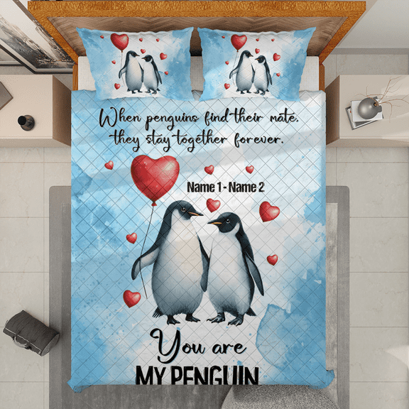 Lotusprinthandmade Personalized Penguin Couple Quilt Bedding Set White Binding