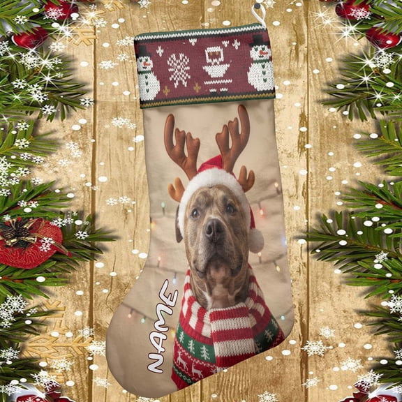 Lotusprinthandmade Personalized Pitbull Dog Lovers Christmas Stocking (L), pitbull dog pattern holiday stocking, cute pitbull dog christmas stocking