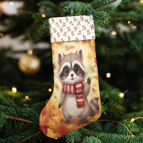 Lotusprinthandmade Personalized Raccoon Christmas Stocking (L), Fall Woodland Animal Holiday Fireplace Decoration